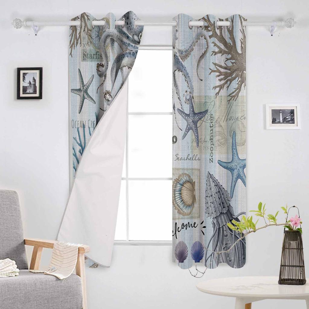 Meeresorganismen Seestern Krake Koralle Muscheln Verdunkelungsvorhänge für Wohnzimmer Schlafzimmer Fensterdekoration Vorhänge Heimdeko