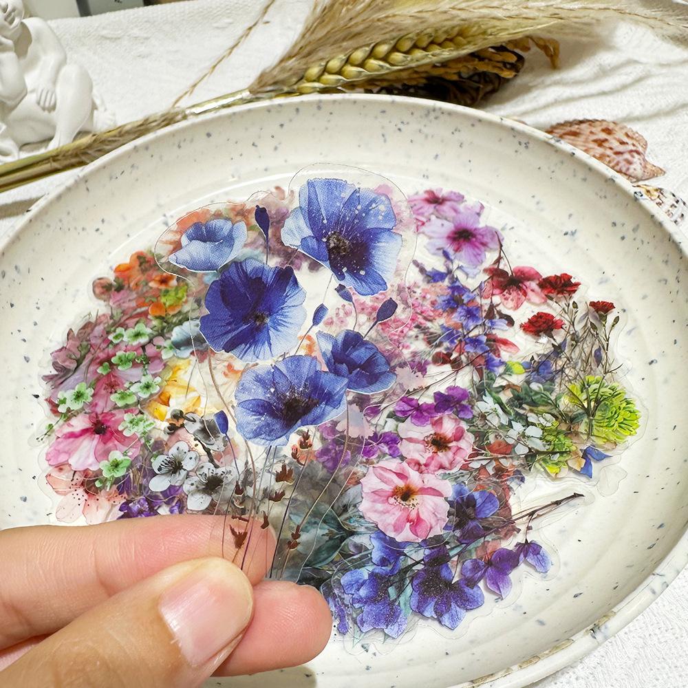50 PCS Ink Flower Stickers Pack Transparent PET Booklet Flower Material Decorative Guitar Notebook