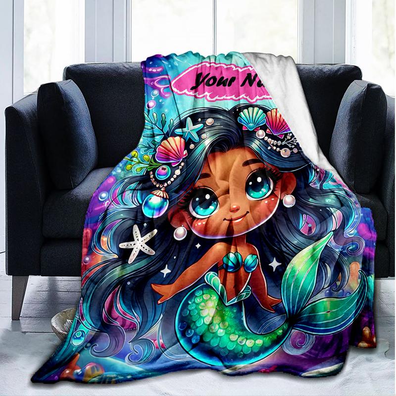 1PC Custom Name Mermaid Fantasy Underwater World outdooor Flannel blankets Patterns Throw Blanket All-Season Soft Gift for Couch, Bed, Camping gifts