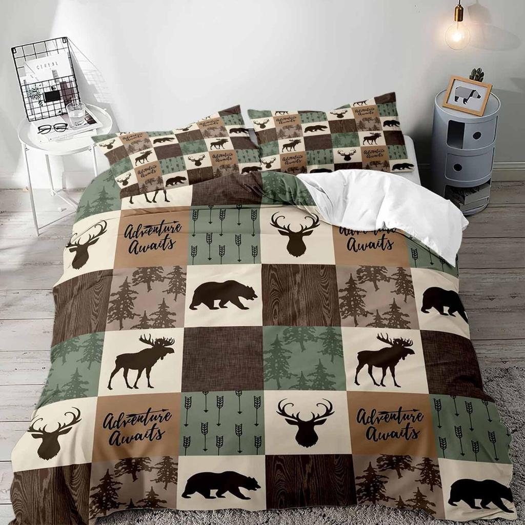 Cartoon Forest Animals Duvet Cover Queen King Size Double Bed Children Boy Bedding Bear Deer Fox Rabbit Country Cottage 3 Pcs
