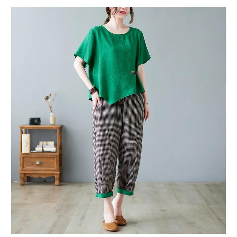 Sets Women Casual T Shirt Ankle Length Pants Summer Vintage Style Loose Pant Suits