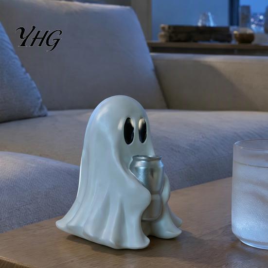 Compact Ghost Statues Halloween Figurine with Drinks, Resin Statue, Cute Spooky Desktop Party Favors Ornament for Tabletop Decorations And Holiday