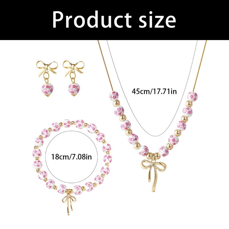 Stylish Blue White Porcelain Bowknot Beaded Jewelry Set Sturdy Fade Resistant Necklace Bracelet Earrings Adornment