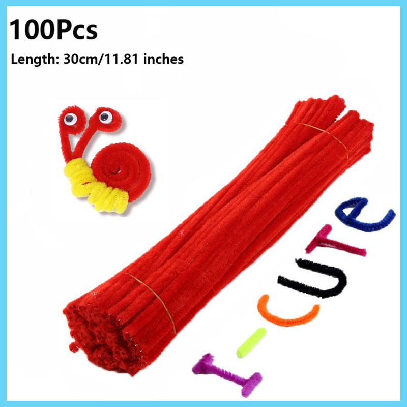 

100PCS Colorful Chenille DIY Handcraft Stem Twisted Rod Wool Root Fluffy Bar Iron Wire Twisting Decorations Pipe Cleaners Plush червоний