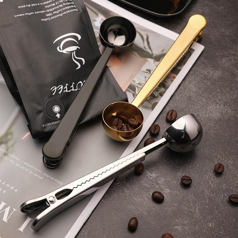 Two-in-one Stainless Steel Coffee Spoon Sealing Clip Kitchen Gold Accessories Recipient Cafe Expresso Cucharilla Decoration Use