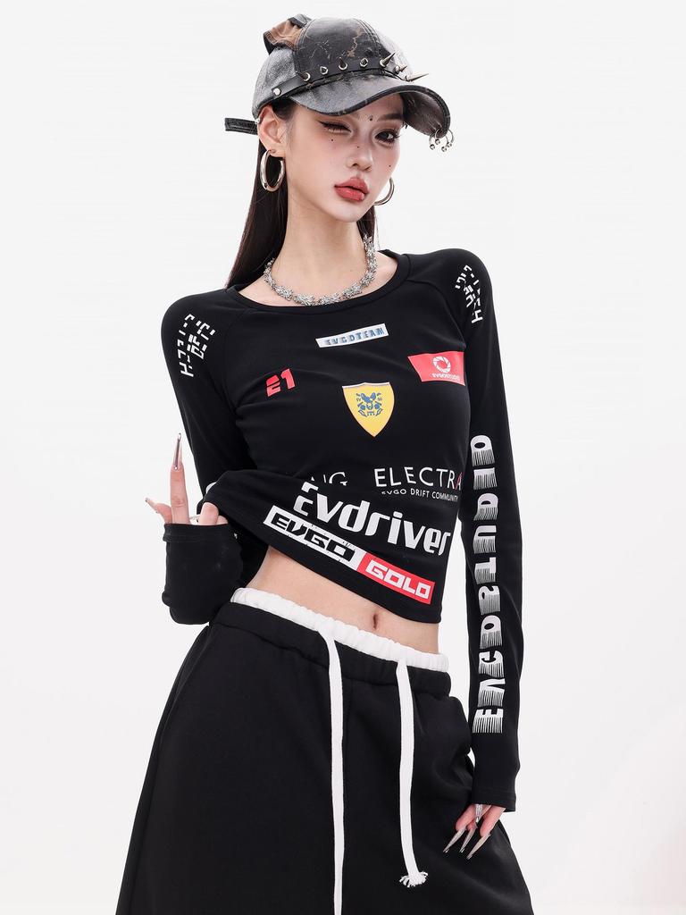 American Spicy Girl Printed Long Sleeve Slim Fit Motorcycle-Style T-Shirt