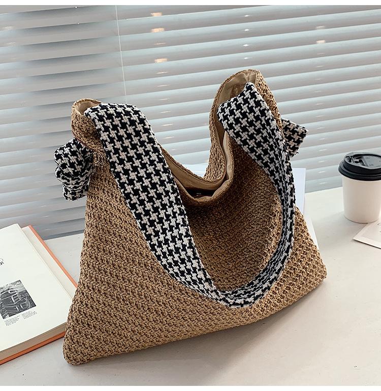 

New Korean Style Ins Navy Straw Shoulder Bag Handmade Woven Beach Bag for Women Comfortable and Versatile Texture Handle Bag