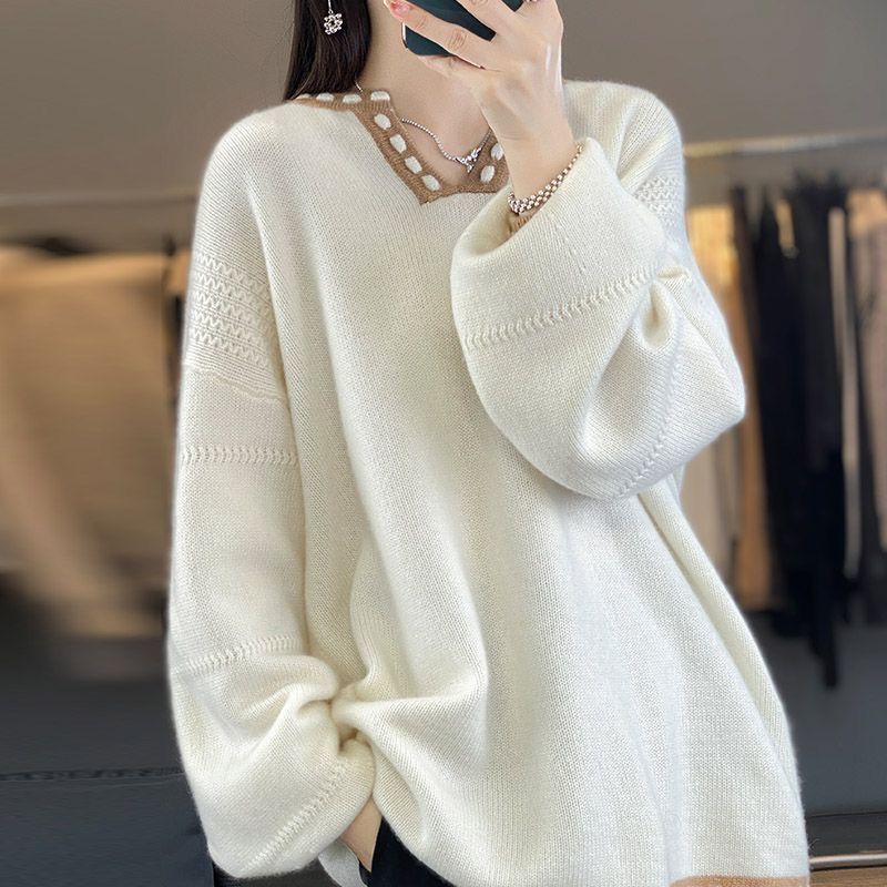 Korean Style Oversized Loose Knit Sweater Casual V Neck Pullover Color Block Tops for Women Autumn
