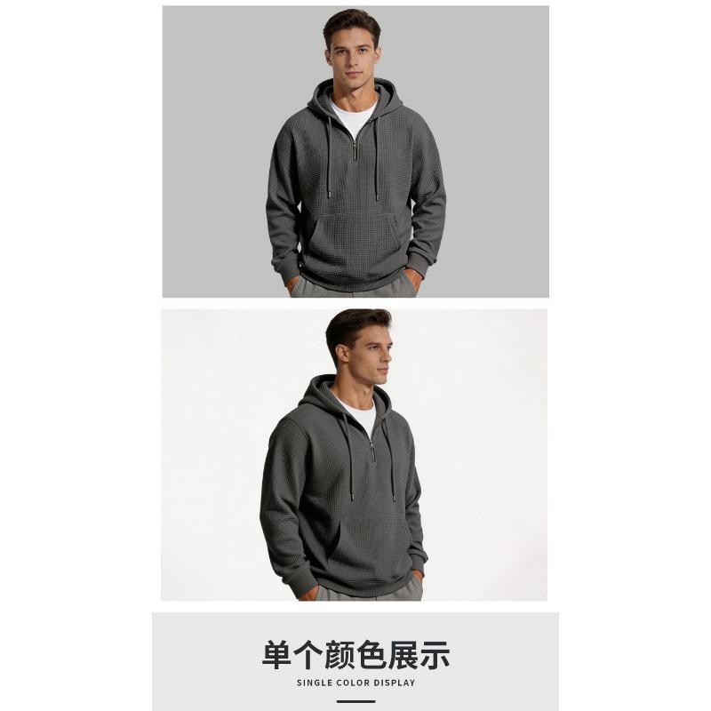 Men S Solid Color Waffle Hooded Half Zip Long Sleeve Pullover Sweatshirt