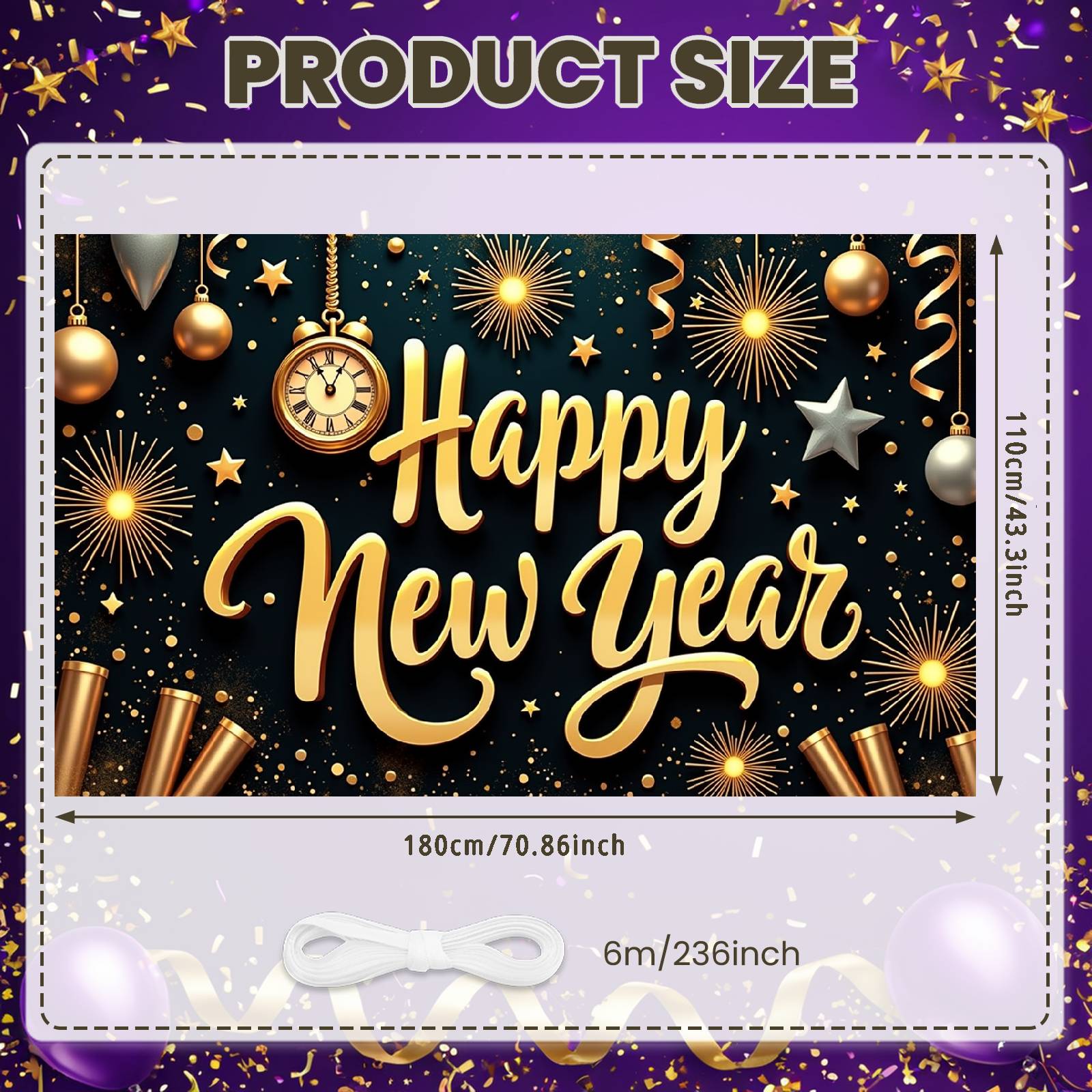 Event Banner Clock Decoration New Year Banner Festive Banner Metallic Color For Public Celebration Festive Gathering Home
