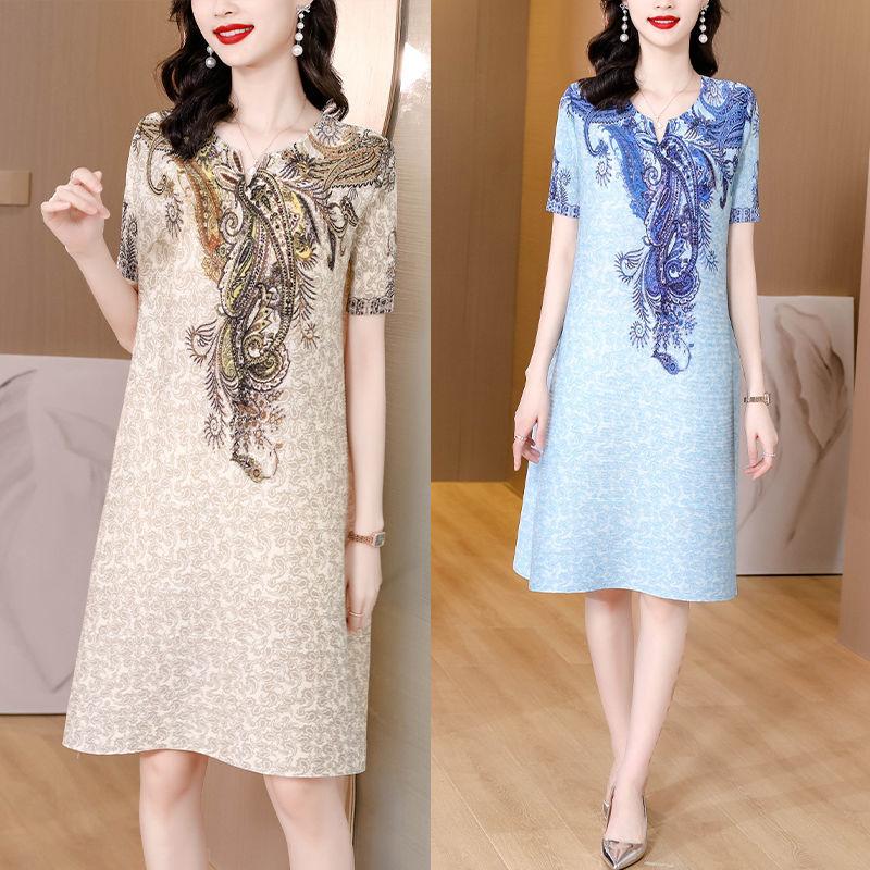 Vestido de verano plegable para mujer, novedad de 2022, de gama alta, holgado, con cuello de pico, manga corta, estampado informal, fino