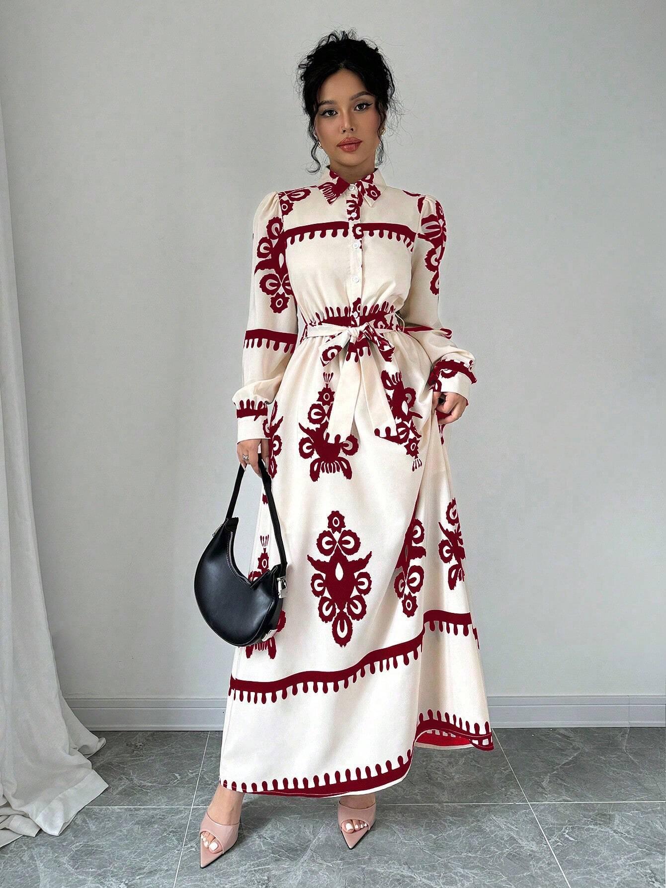 2026 Autumn/Winter European & American Print Lace-Up Long Sleeve Dress S