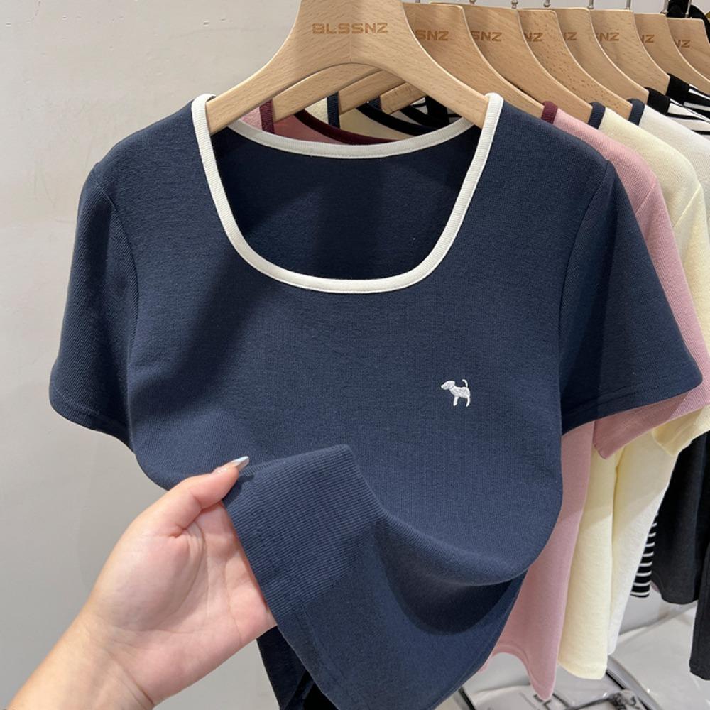 White Puppy Embroidered Cotton Square Collar Short Sleeve T-shirt Women's Summer Loose Top