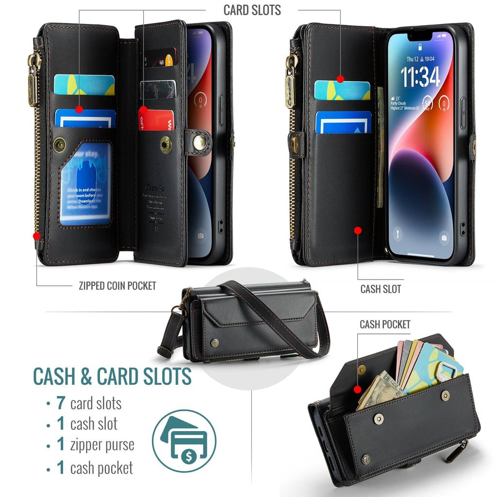 Crossbody for iPhone 14 Case Wallet RFID Blocking with 7-Card Holder Zipper Bills Slot, Soft PU Leather Magnetic Shoulder Wrist Strap