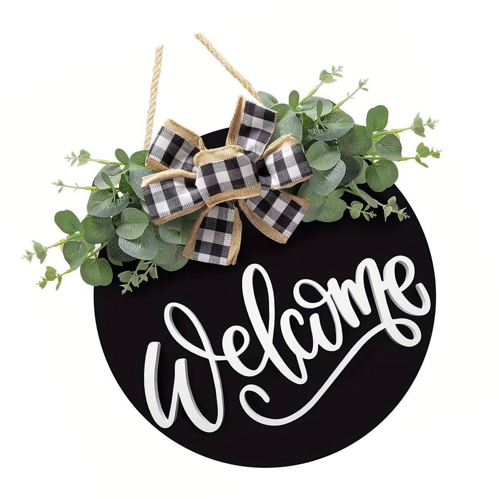 Welcome Door Sign Black Color Wreath Round Shape Hanging Welcome Doorplate for Home