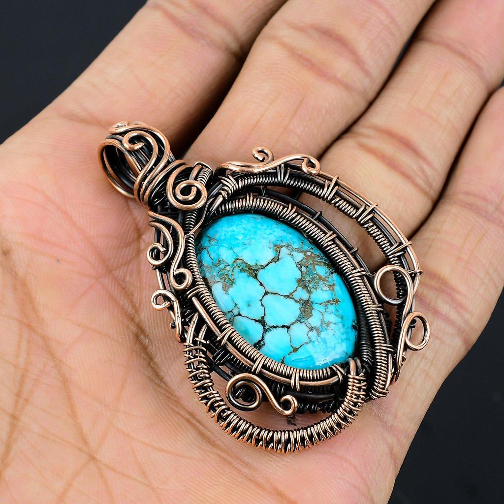 Tibetan Turquoise Pendant, 999 Copper Wire Wrapped Gemstone Jewelry, Handmade Pendant, For Thanksgiving