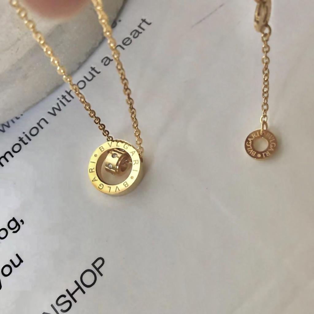 Korean-Style 24K Gold-Plated Titanium Necklace with Double Ring and Interlocking Beads