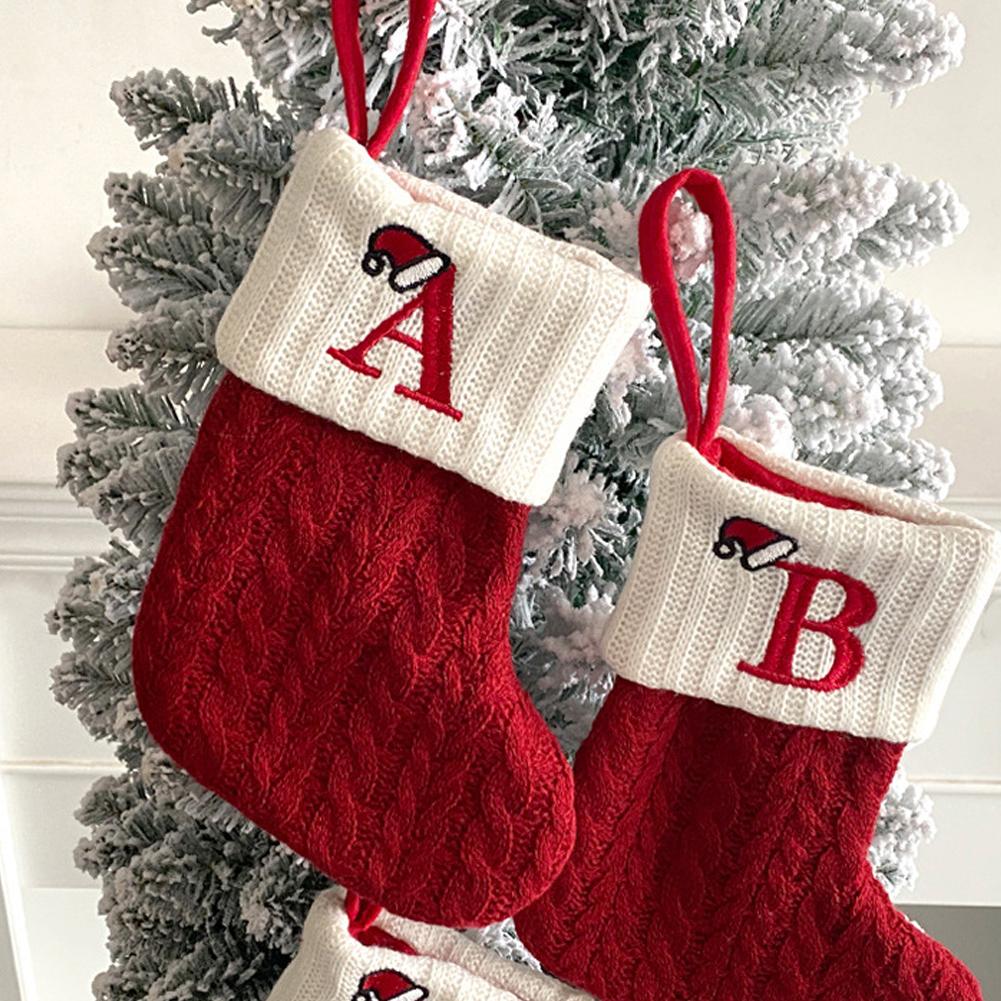 1pc Alphabet Christmas Stockings Red Knitted Socks Decor Letters Fireplace Hanging Ornaments Tree Decorations Party Holiday Gift