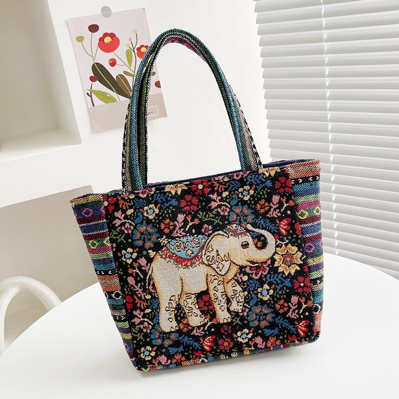 Ethnic Style Handbag Trendy Animal Embroidery Handbag Canvas Women Shoulder Bags Women Grocery Storage Pouch
