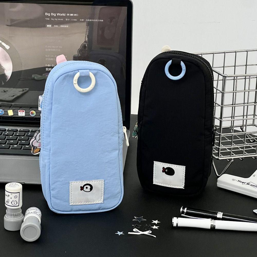 Kawaii Canvas Pen Bag Penguin Embroidery Large Capacity Stationery Pouch Phone Shape Stationery Organizer Students Gift