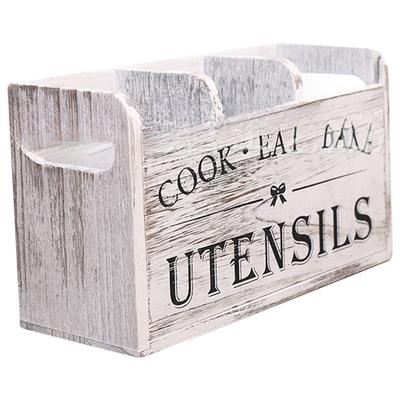 Kitchen Utensil Rack With Three Compartments Rustic Wooden Storage Box Vintage Tableware Farmhouse Dish Cabinet