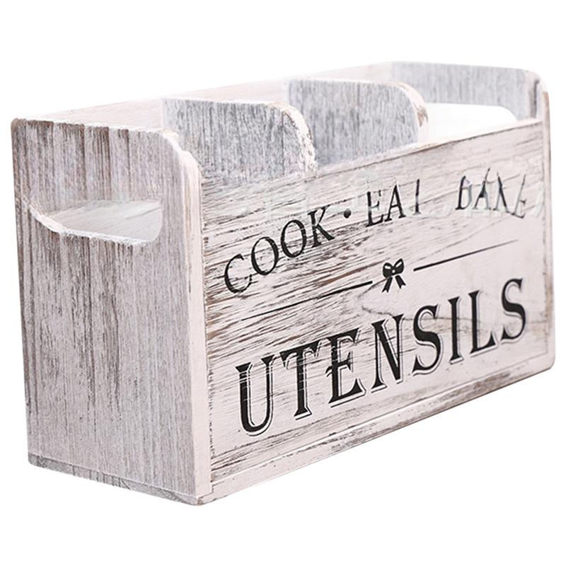 

Kitchen Utensil Rack With Three Compartments Rustic Wooden Storage Box Vintage Tableware Farmhouse Dish Cabinet