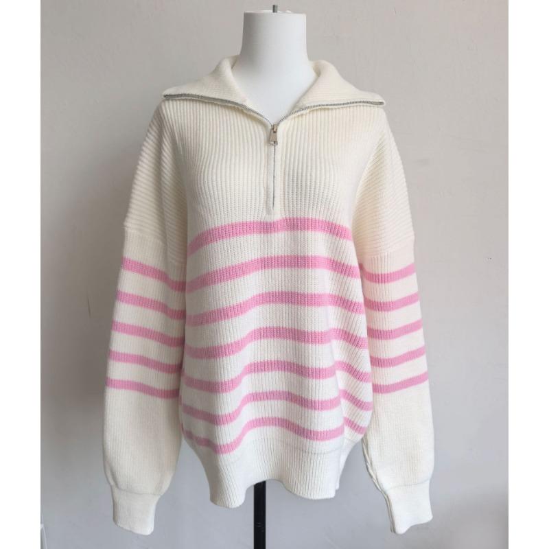 Vintage Striped Loose Commuter Half Zipper Lapel Pullover Sweater Autumn and Winter Women's New Knitted Sweater