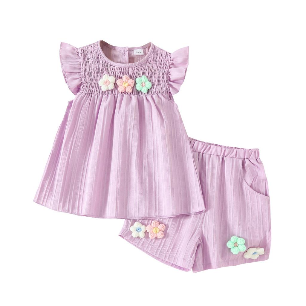 Little Flower Kurzarm-Top mit Schleife Shorts Sommeranzug für Mädchen