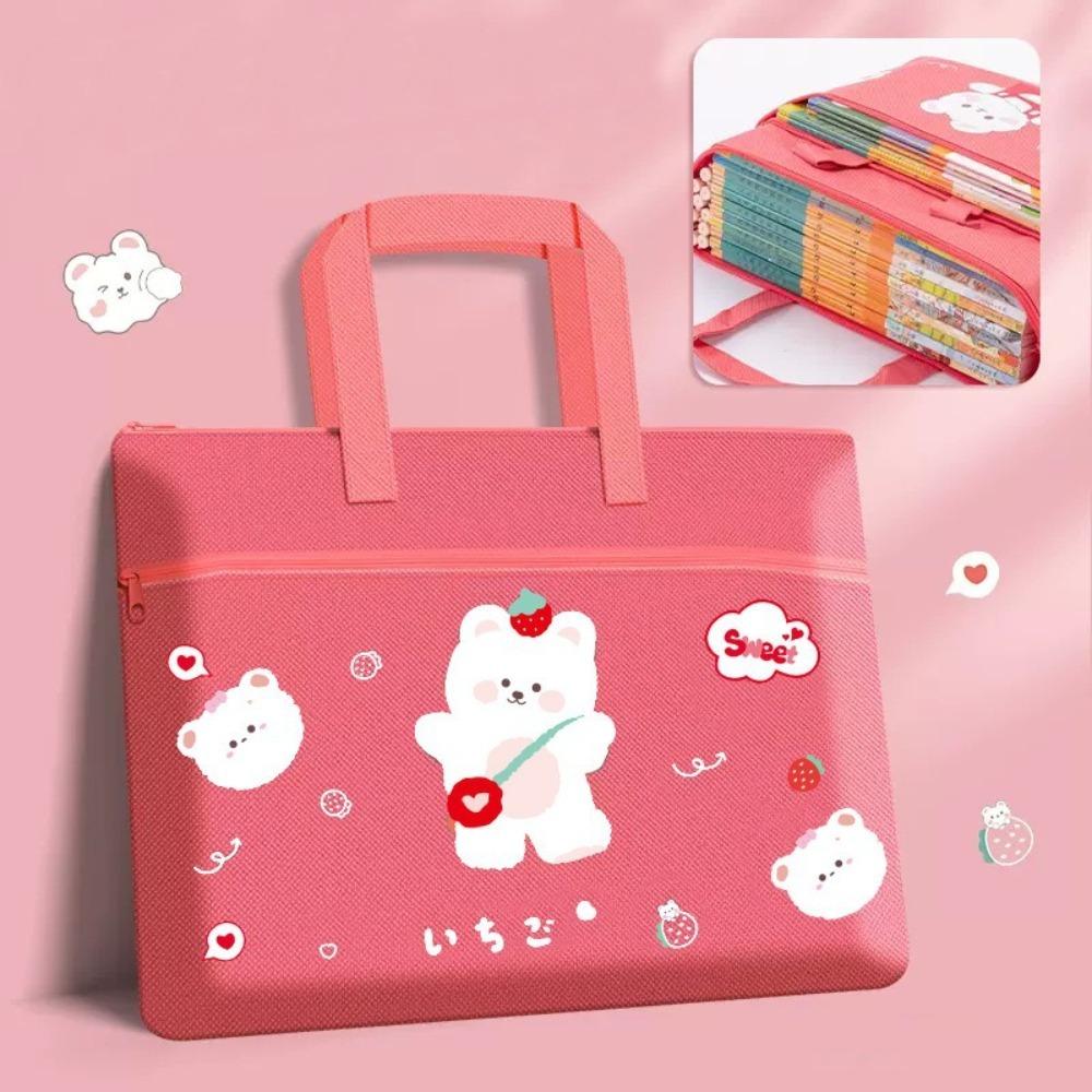 New Double Layer Cartoon File Bag Canvas Zipper File Bag Cartoon Large Capacity Student Tote Tutoring Class