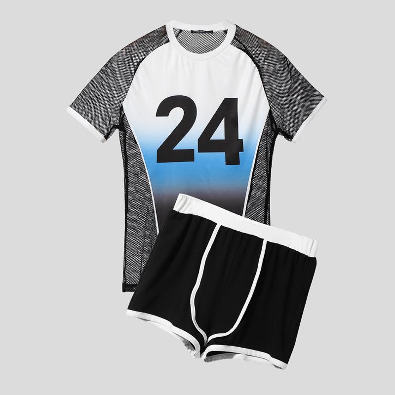 

INCERUN Two-piece Suits Men Mesh Sheer Patchwork Tops Shorts Outfit Casual Sport Sets 4XL