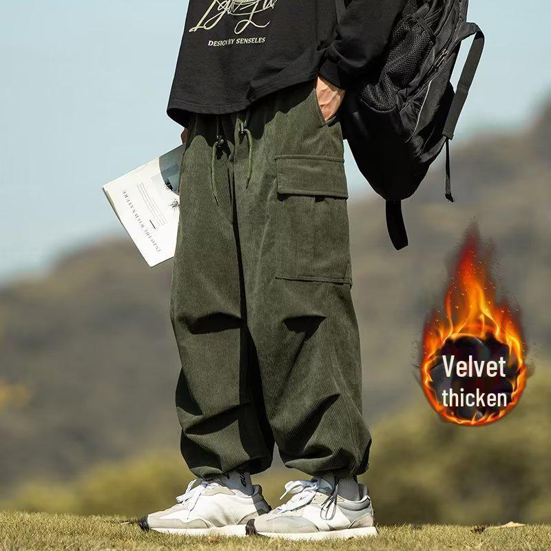 Men's Casual Trendy Army Green Corduroy Overalls - Autumn & Winter Wide-Leg Trousers