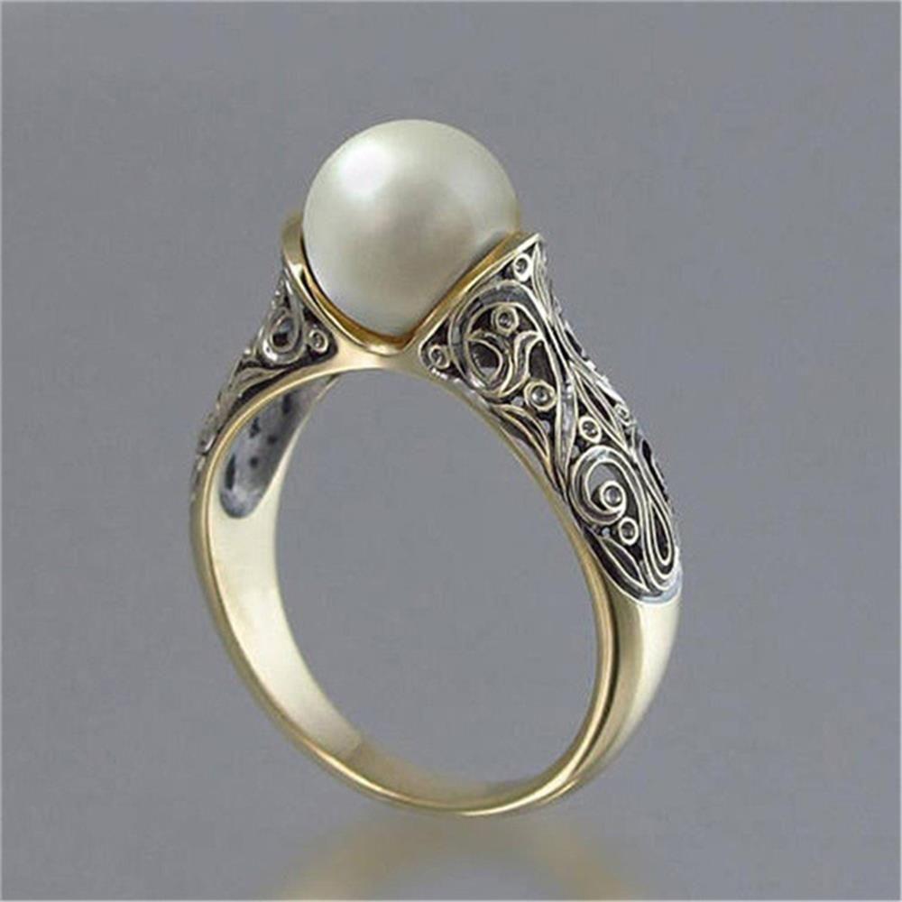 Charm Gift Vintage Wedding Jewelry 14K Yellow Gold Plated White Pearl Ring
