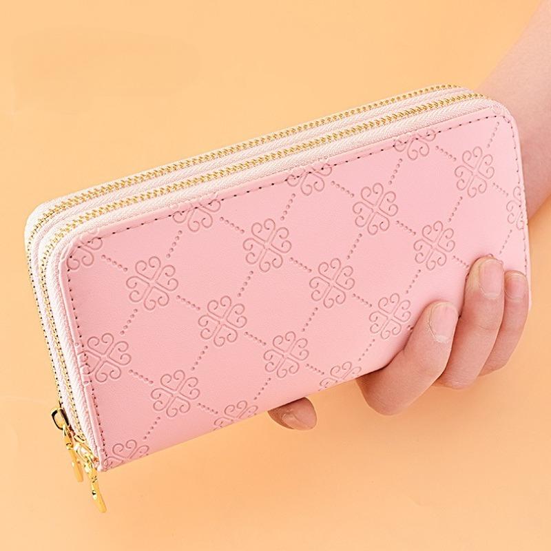 Wallet for women, long, European and American, shiny leather, double zipper handbag, large capacity, double-layer phone bag, frosted wrist wallet