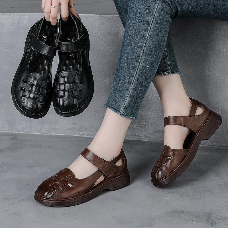 Echtes Leder Sommer neue dicke Sohle dicke Ferse Sandalen Retro Damenschuhe weiche Sohle atmungsaktiv und rutschfest erste Schicht Rindsleder Mutter Schuhe