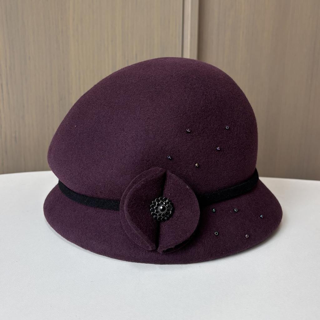 Ladies Autumn And Winter Woolen Woolen Pot Hat Elegant Flower British Retro Styling Felt Top Hat Fashionable Warm Bucket Hat