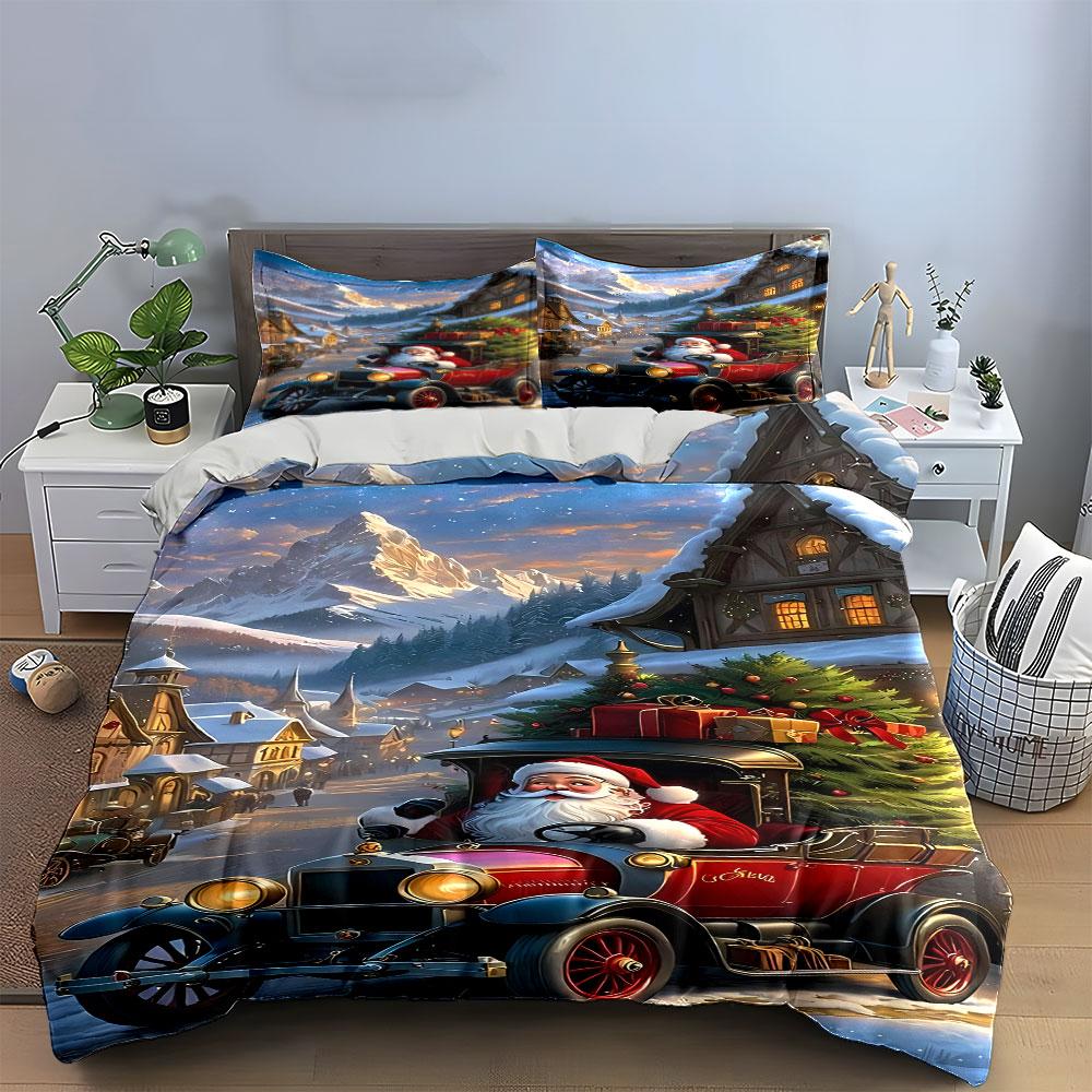 Santa driving classic car. Bedding sets Duvet cover sets Duvet covers Pillowcases(1 * Duvet Cover 2 * Pillowcases without duvet insert)