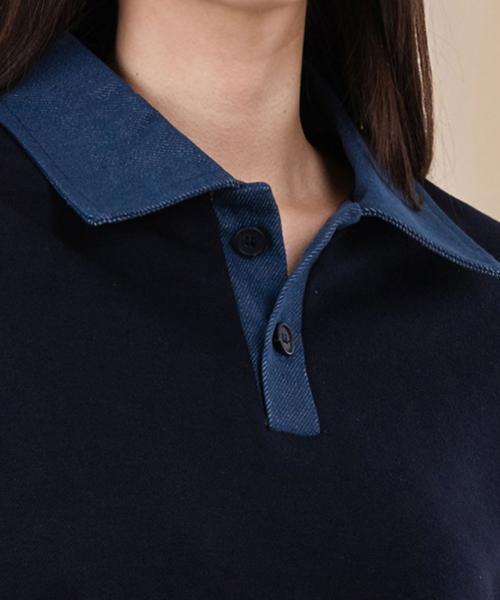 Ellamo Women'S Terry Two-Button Denim Collar Oversized Sweatshirt [Navy]