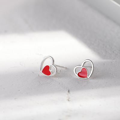 Female Cute Small Red Epoxy Hollow Heart Earrings Fashion Niche Design Jewelry