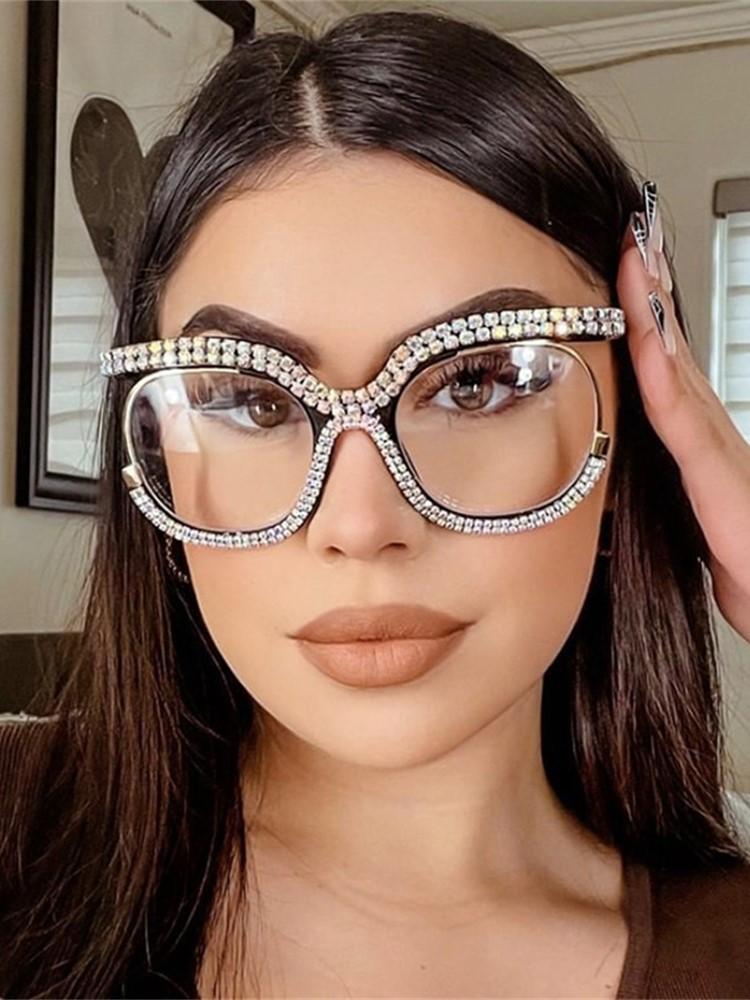 Ins Rainbow Crystal Frame Fashion Retro Round Anti Blue Ray Female Glasses Vintage Oversized Frame Eyewear Accessories
