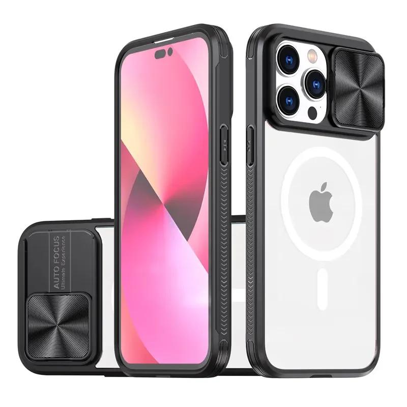 Slide Camera Lens Protector Armor Case For iPhone 15 13 14 Plus 11 12 Pro Max For Magsafe Shockproof Armor Bumpers Clear Cover