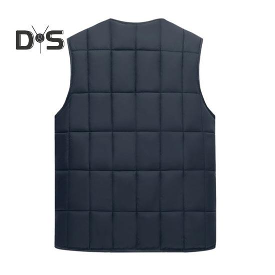 Colete masculino com decote em V, sem mangas, abotoado, colete acolchoado com bolsos com zíper, cor sólida, forro de pelúcia, jaqueta térmica espessada