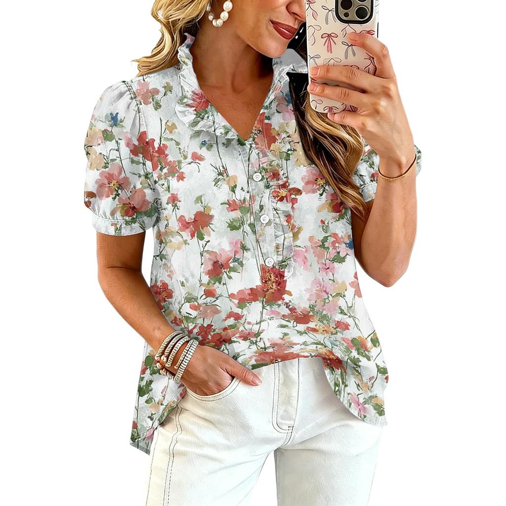 Women Ruffle V Neck Printed Blouse Short Sleeve Casual Loose Fit Top Button Down Lightweight Shirt
