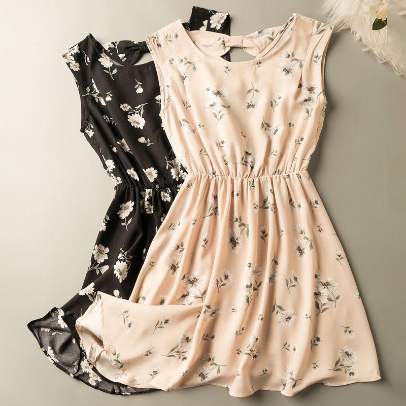 

Summer Export K-style New Arrival Gentle Moving Cute Anti-Aging round Neck Sleeveless Pullover Vest Dress Black background gray flowers S
