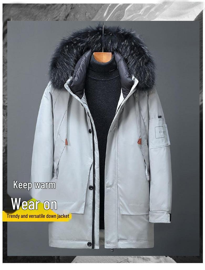 Men's Thick Hooded Down Jacket with Large Fur Collar - Extreme Cold Warmth