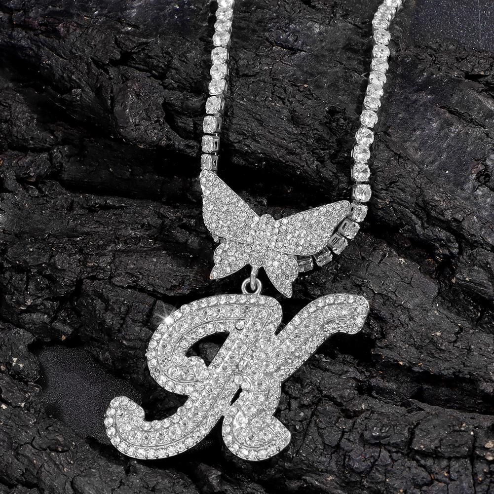 Men Women 14MM Cuban Chain Crystal Butterfly Initials Name Pendant Necklace Iced Out Cursive Letters Rapper Necklace Jewelry New
