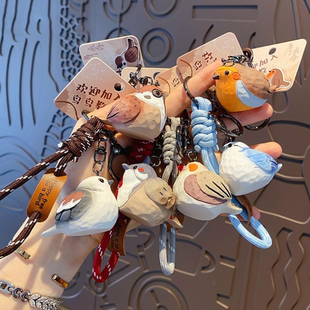 Cartoon Animal Key Ring Kawaii Pearl Bird Keychain Unique Imitation Wood Carving Keychain  Kids