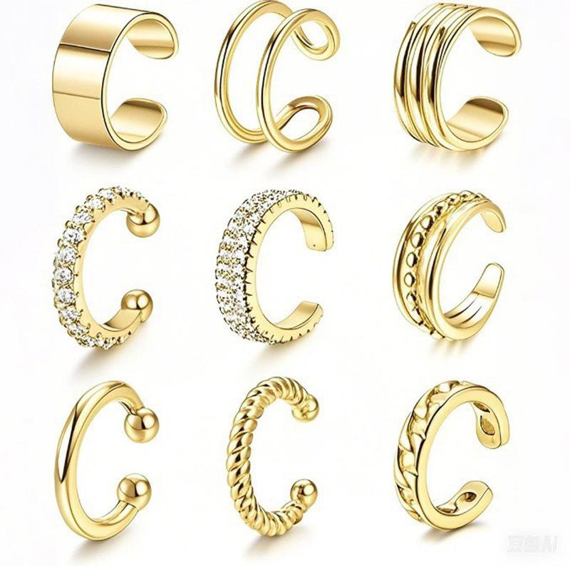 9Pcs/Set Simple Metal Non-Piercing Ear Clip Earrings for Women Shiny CZ Stone Fake Piercing Ear Cuff Daily Wear Party Jewelry