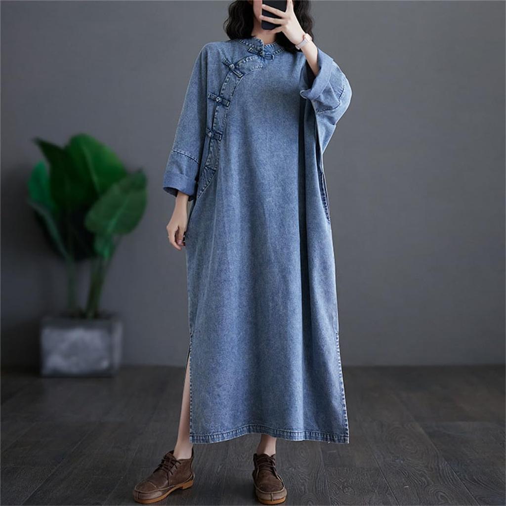ZHENGTU Cheongsam Denim Long Sleeve Tunic Maxi Dress with Chinese Sizes Women's Dress, Dress, Ethnic, Figure-Flattering, Slit, Style, Retro,