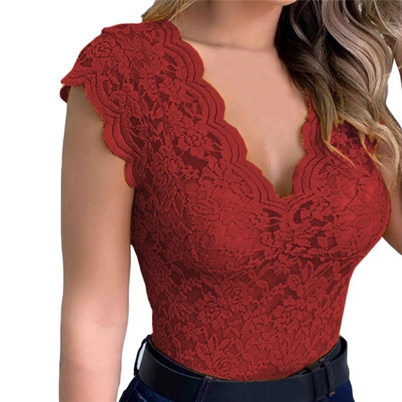 Summer New Women's Lace V-neck Small Flying Sleeves Slim T-shirt See-through Top