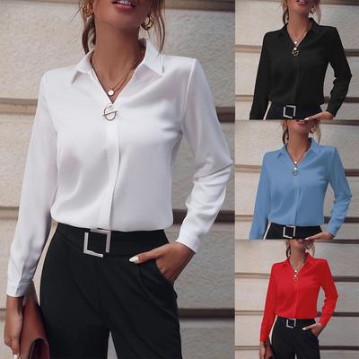 Blusa Elegante de Manga Comprida com Botão de Pérola Decote em V Manga Curta Cor Sólida Camisa Solta Casual Tops Brancos para Senhora de Escritório